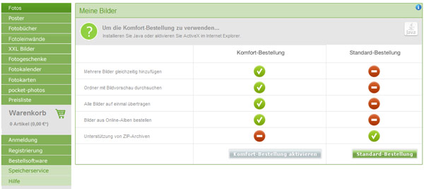 Vergleich Komfortbestellung - Standardbestellung